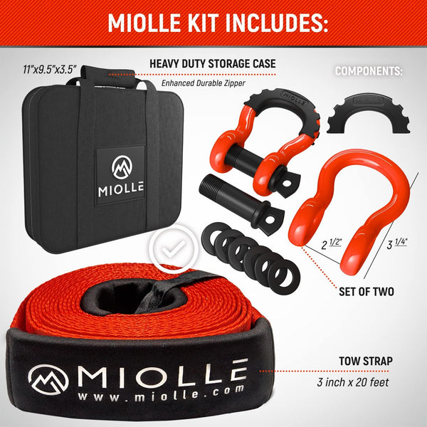 Miolle Tow Strap 3”x20’ with Loops and D-Hook Shackles | Miolle