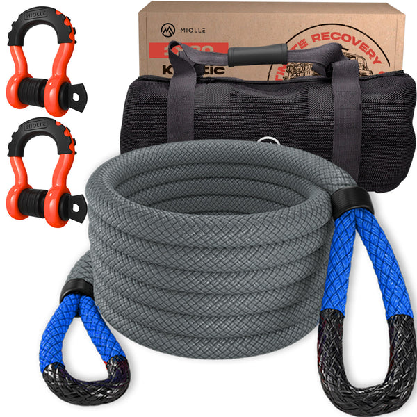 Kinetic Recovery Rope Grey/Blue - Miolle 1"x30' (33,900 lbs), with 2 D-Ring Shackles 3/4