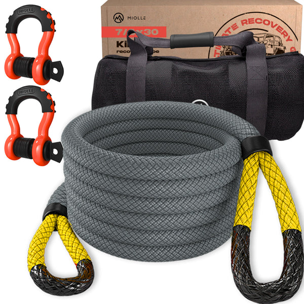 Kinetic Recovery Rope - Miolle 7/8"x30' Red (MBS-29,300 lbs), with 2 D-Ring Shackles 3/4 (MBS-41800lbs)