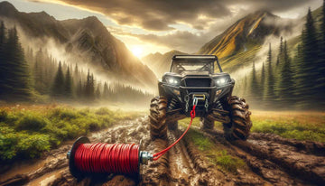 ATV equipped with MIOLLE Synthetic Winch Line navigating rugged terrain, highlighting the winch line's reliability and strength in outdoor adventures.