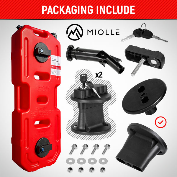 Miolle Gas Can (1pcs) with Mounting Bracket and Lock (2 pcs), 20L Red Oil Petrol Storage Cans Spare Emergency Backup Tank