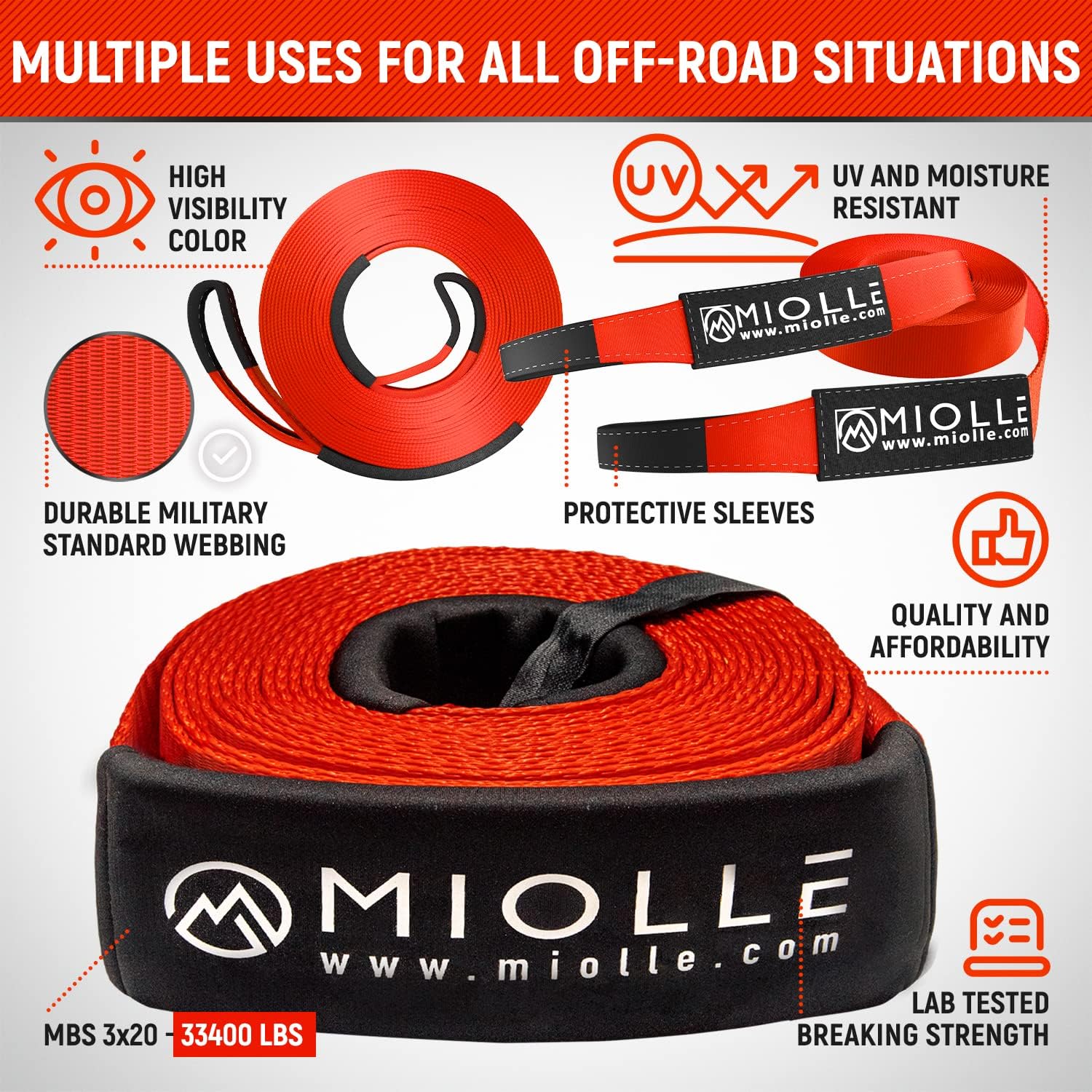 Miolle Tow Strap 3”x20’ with Loops and D-Ring Hook Shackles Tow Rope