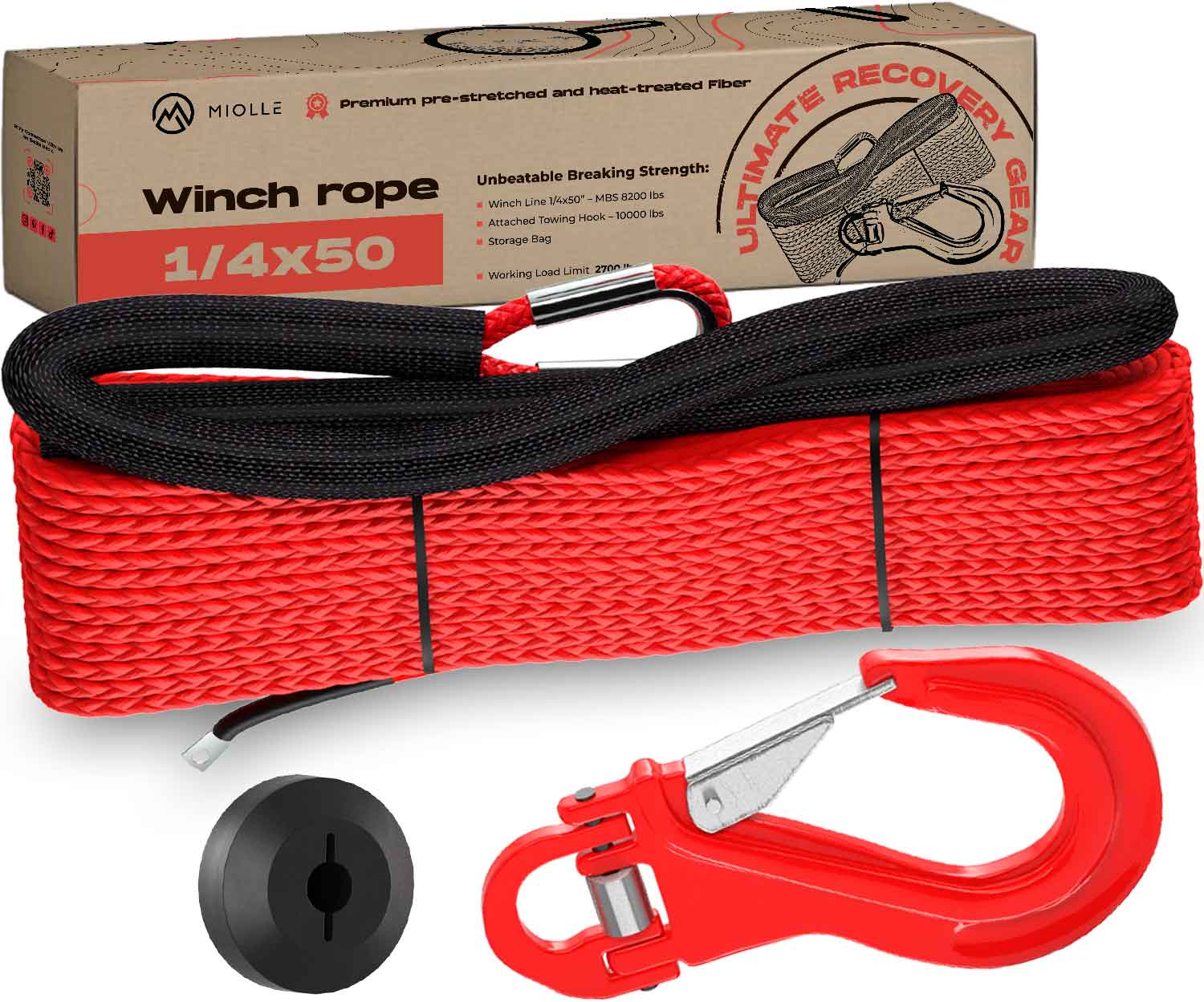1/4 x 50' Synthetic Winch Cable Rope W/Hook + Rubber Stopper + Winch  Fairlead