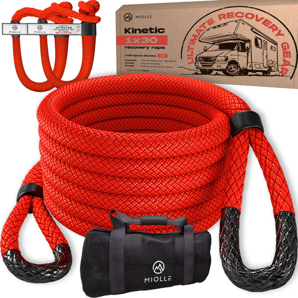 Kinetic Recovery Rope - Miolle 1"x30' Red (33,900 lbs), with 2 Spectra Fiber Soft Shackles 3/8' x 6" (35000 lbs)