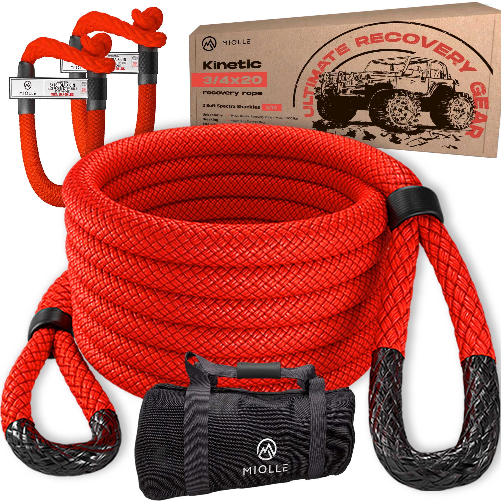 Miolle 729979 Kinetic Recovery Tow Rope 3/4 x 20' (19200lbs) with 2 Soft Shackle 5/16' x 6' (20700 lbs) Great for Car, Truck, Suv, Jeep, ATV, UTV, or Snowmobile