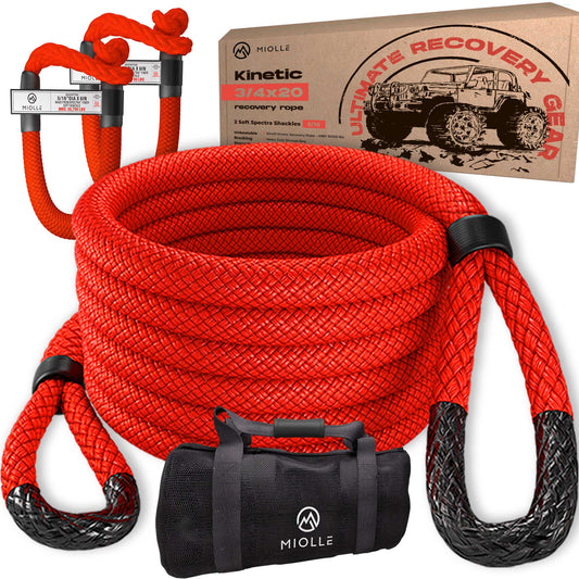 Kinetic Recovery Rope - Miolle 3/4"x20' (19200lbs), with 2 Soft Shackles 5/16' x 6' (20700 lbs) Great for Your Car, Truck, SUV, Jeep, ATV, UTV