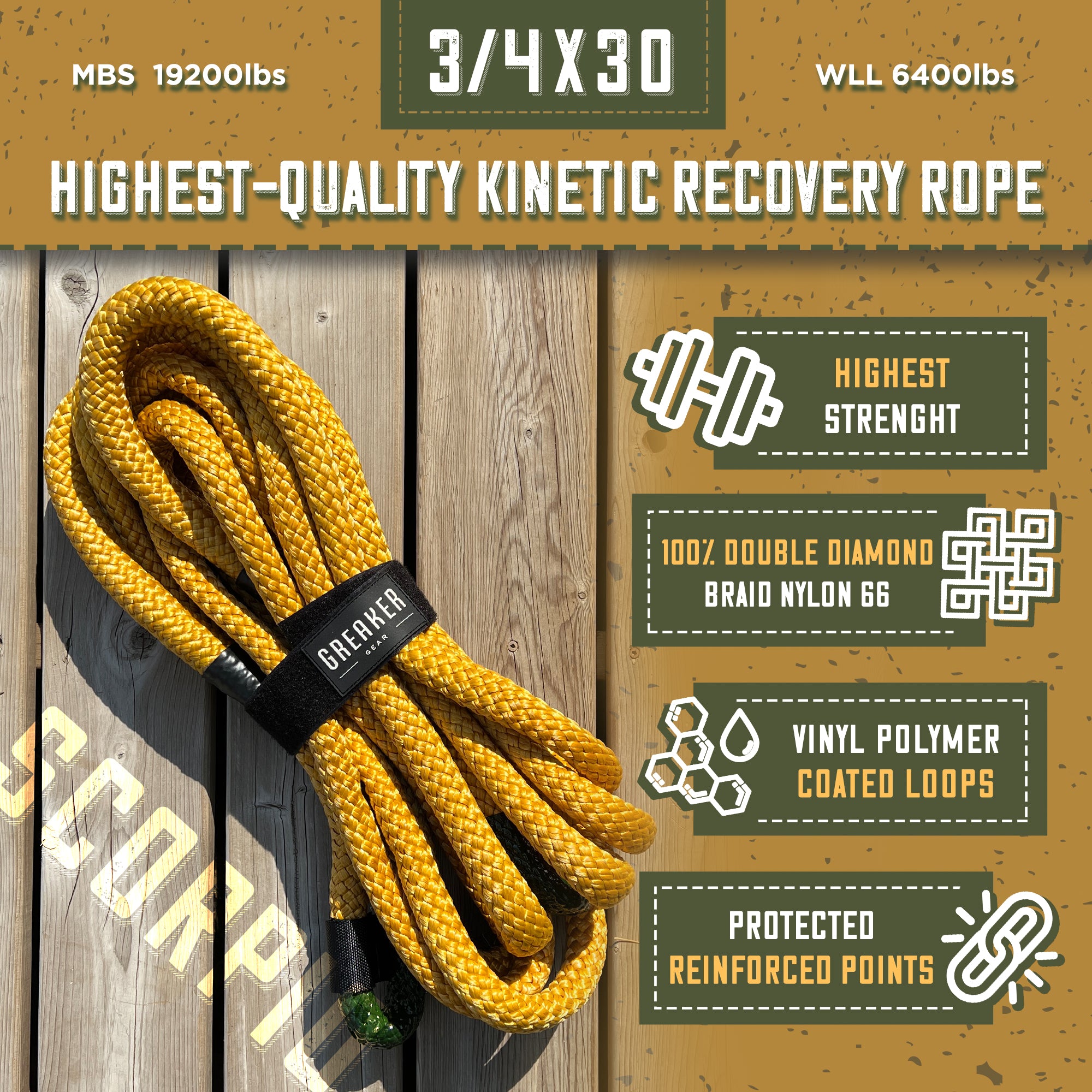 Greaker Limited Edition Kinetic Recovery Tow Rope Heavy Duty Offroad - Unique 4x4 Style (Gold Sahara, 3/4 x30')