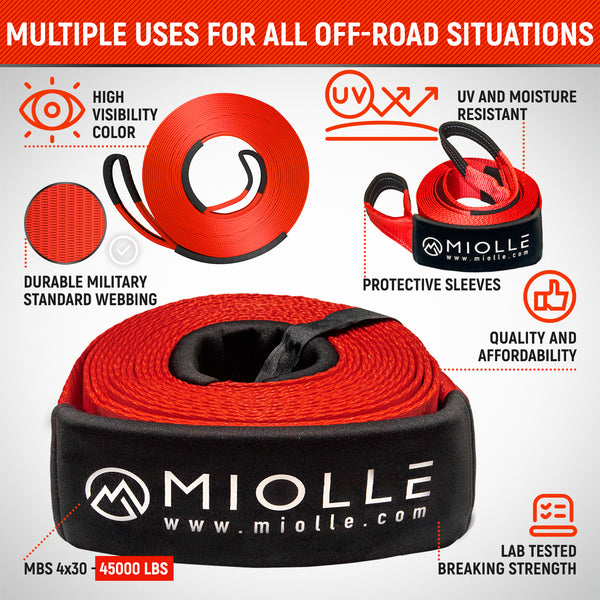 Miolle Offroad Recovery Set Tow Strap 4”x30’- 45000lb MBS - Tow Straps Heavy Duty with Hooks for Truck, Jeep, SUV