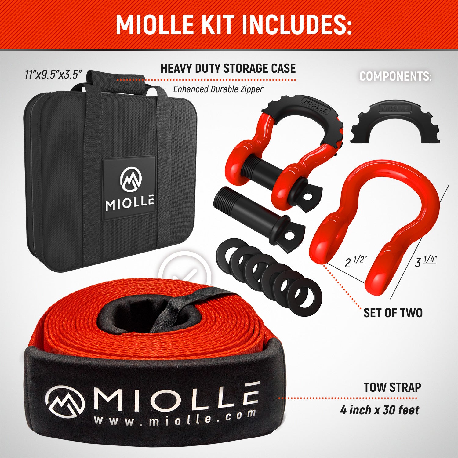 Miolle Tow Strap 4ax30a- 45000LBS MBS (Lab Tested) Recovery Strap Kit Includes: Tow Rope, 2 D-Ring Shackles MBS- 62700lbs, Storage Case