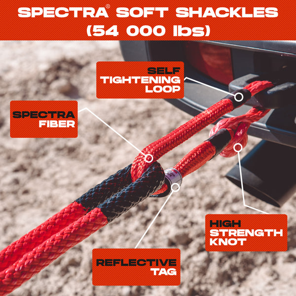 Heavy Duty Kinetic Recovery Rope - Miolle 1-1/4" x 30' Tow Rope, Red (53000 lbs), with 2 Spectra Fiber Soft Shackles 9/16' x 10" (54000 lbs)