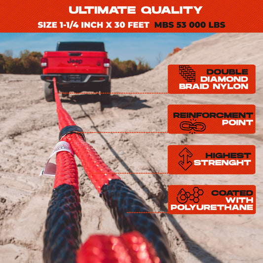 Heavy Duty Kinetic Recovery Rope - Miolle 1-1/4" x 30' Tow Rope, Red (53000 lbs), with 2 Spectra Fiber Soft Shackles 9/16' x 10" (54000 lbs)