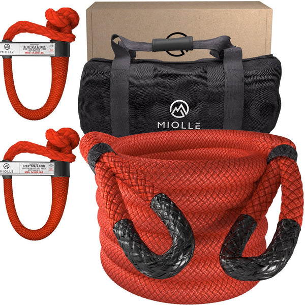 Heavy Duty Kinetic Recovery Rope - Miolle 1-1/4" x 30' Tow Rope, Red (53000 lbs), with 2 Spectra Fiber Soft Shackles 9/16' x 10" (54000 lbs) - Miolle