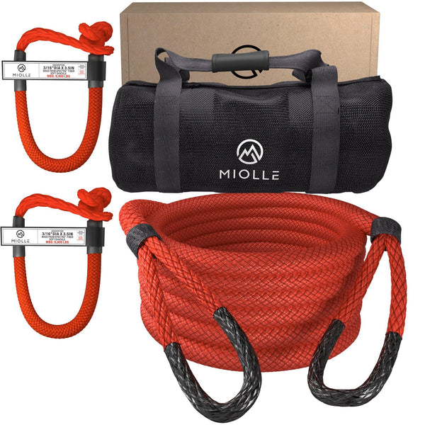 Kinetic Recovery Rope - Miolle 1/2"x20' for ATV, UTV, Snowmobile, Red (7700lbs), with 2 Spectra Soft Shackles 3/16' (9000lbs) - Miolle