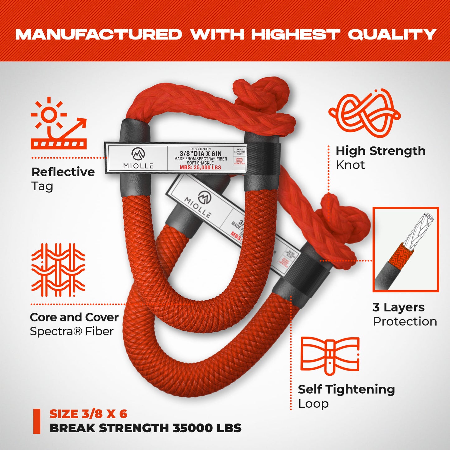 Cuerda de recuperación cinética - Miolle 7/8"x30' roja (29,300 lbs), con 2 grilletes blandos de fibra Spectra 3/8' x 6" (35000 lbs)