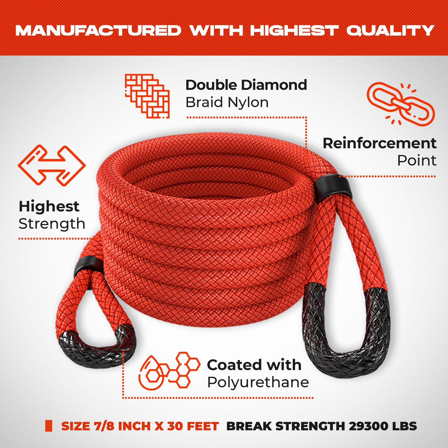 Cuerda de recuperación cinética - Miolle 7/8"x30' roja (29,300 lbs), con 2 grilletes blandos de fibra Spectra 3/8' x 6" (35000 lbs)