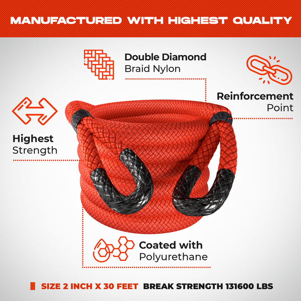 Super Heavy Duty Kinetic Recovery Rope - Miolle 2" x 30' Tow Rope, Red (131,600 lbs) for Heavy Equipment