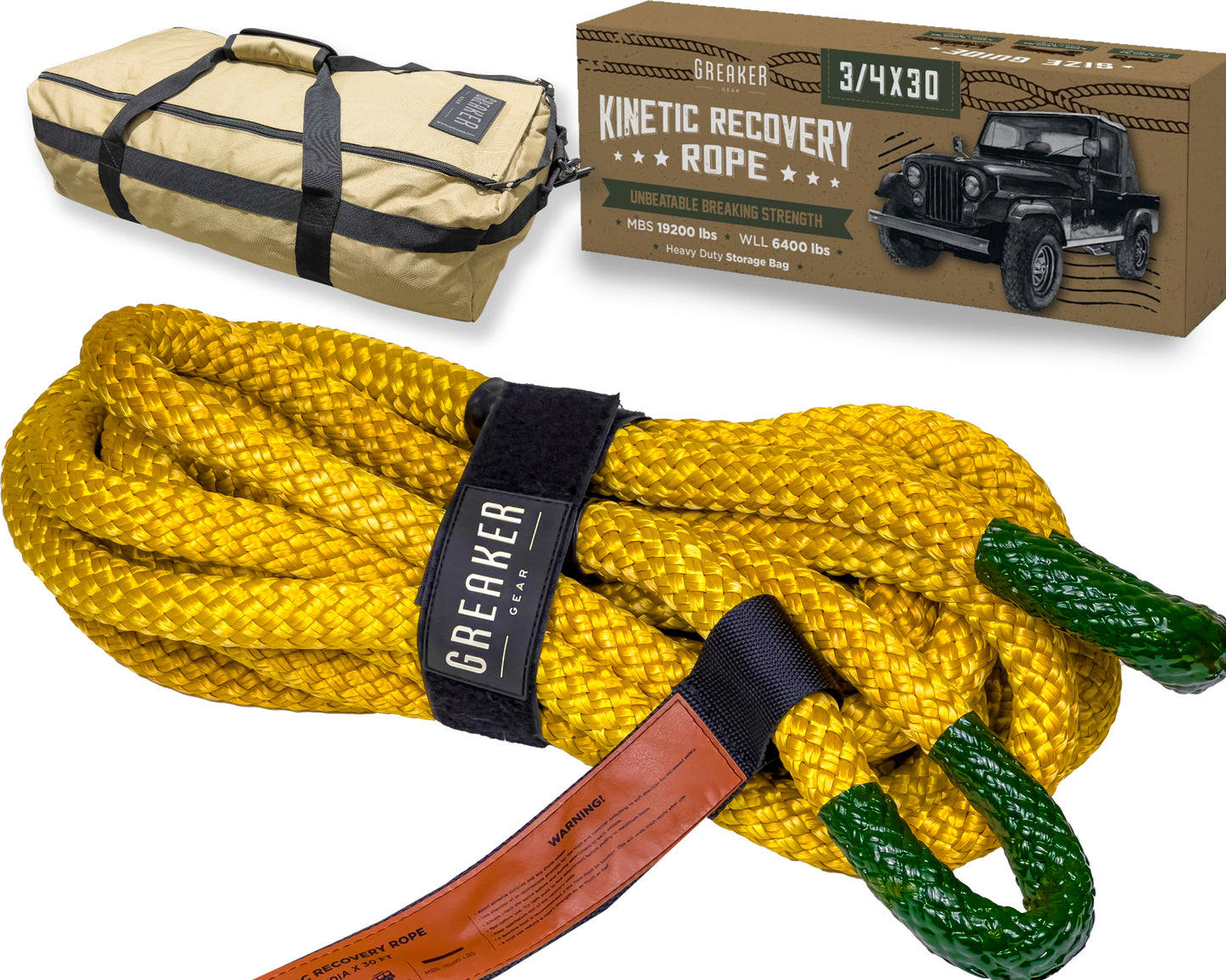Greaker Limited Edition Kinetic Recovery Tow Rope Heavy Duty Offroad - Unique 4x4 Style (Gold Sahara, 3/4" x30')
