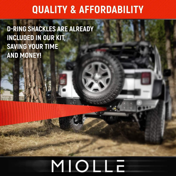 Miolle Offroad Recovery Set Tow Strap 4”x30’- 40000lb MBS - Lab Tested Tow Straps Heavy Duty with Hooks for Truck, Jeep, SUV - Miolle