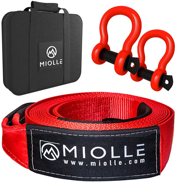 Miolle Tow Strap 2”x20’- 20990 lbs MBS (Lab Tested) Recovery Strap Kit includes: Tow Rope, 2 D-Ring Shackles 5/8 MBS- 28640LBS, Storage Case