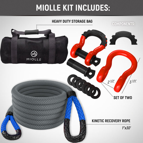 Kinetic Recovery Rope Grey/Blue - Miolle 1"x30' Red (33,900 lbs), with 2 D-Hook Shackles 3”x20’