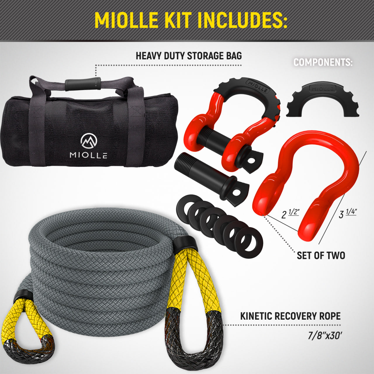 Kinetic Recovery Rope - Miolle 7/8"x30' Red (MBS-29,300 lbs), with 2 D-Ring Shackles 3/4 (MBS-41800lbs)