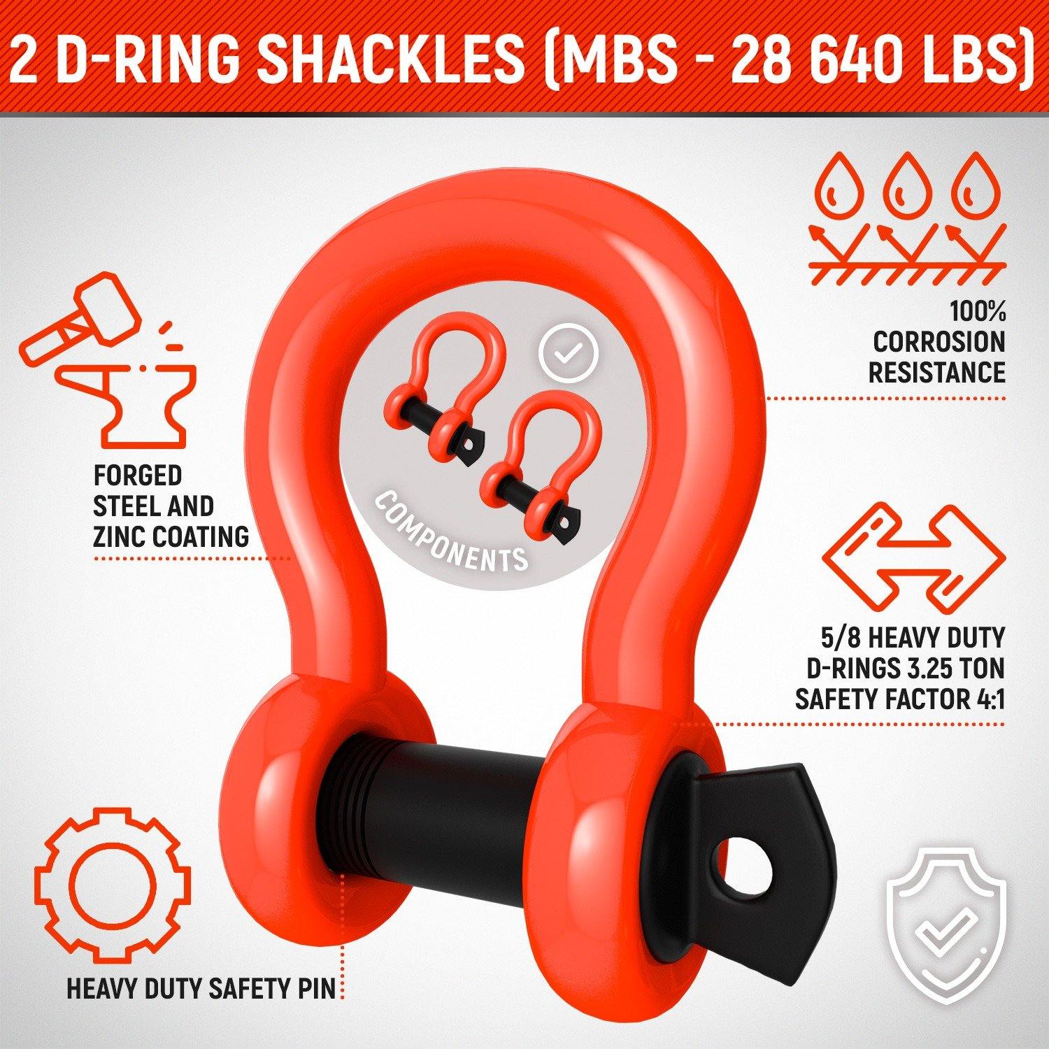 Tow Strap 2”x20’ (20990lb) With Loops and D-Hook Shackles - Miolle