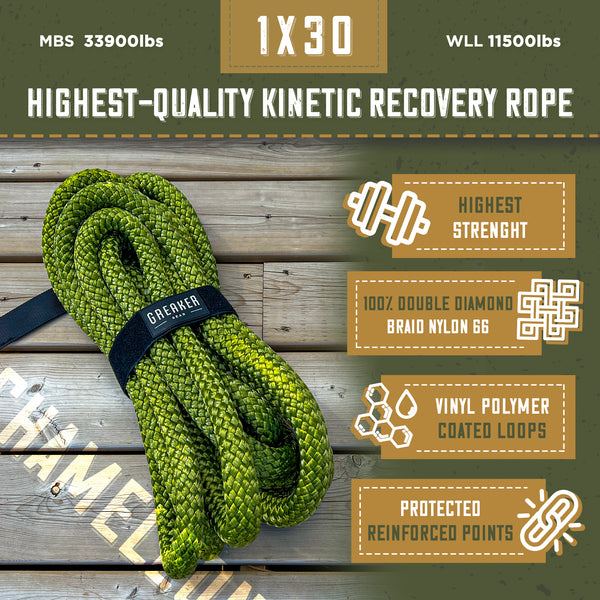 Limited Edition Greaker Kinetic Recovery Tow Rope Heavy Duty Offroad - Unique 4x4 Style (Marble Green, 1" x30')